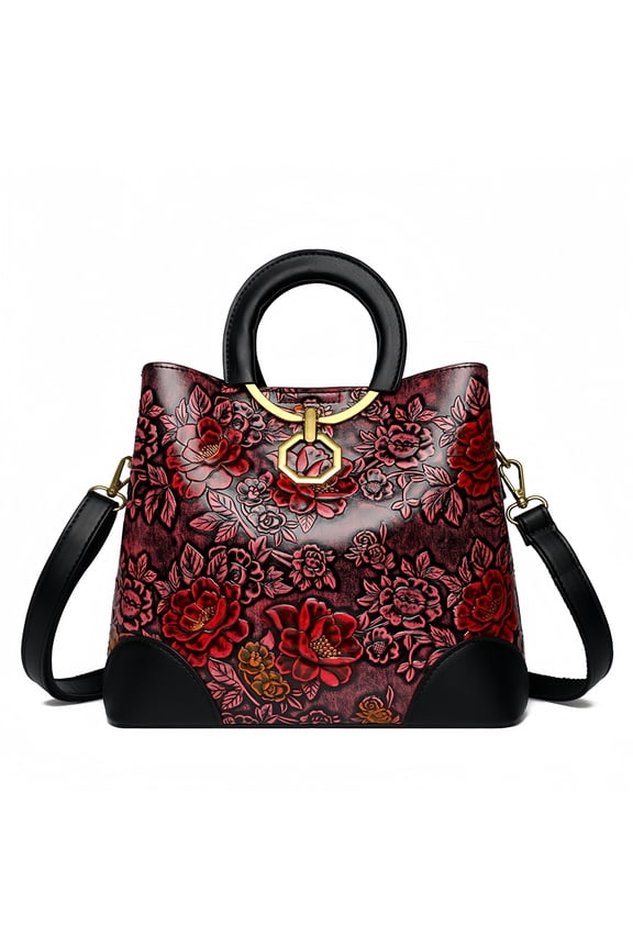 Floral Print Pink Tote Bag - Vintage Style Shoulder & Crossbody Purse for Women, Medium Size PU Leather Handbag for Daily Use & Outing