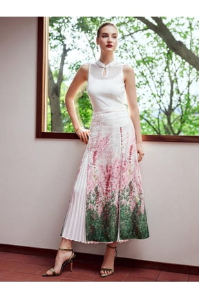 Floral Print Pleated Midi Skirt With Side Slit Multicolor
