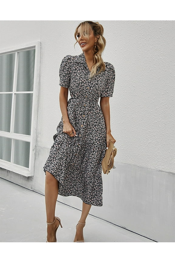 Floral Print Puff Sleeve Collared Vintage Dress Below Knee Length