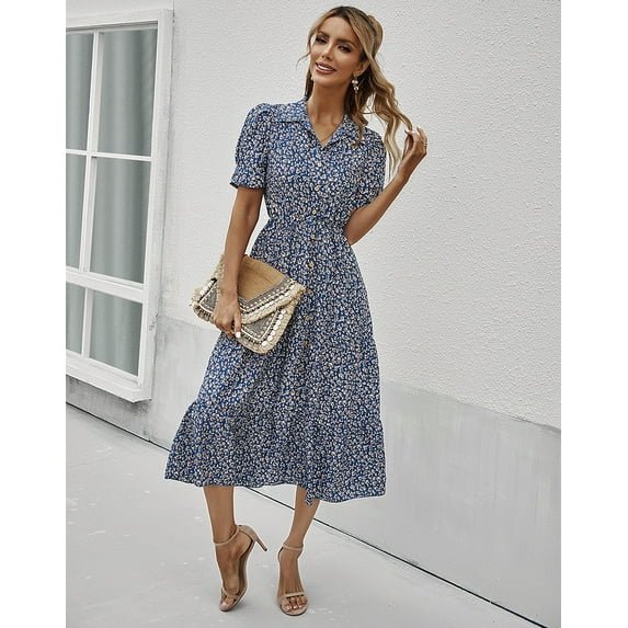 Floral Print Puff Sleeve Collared Vintage Dress Below Knee Length