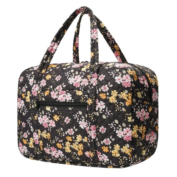Floral Quilted Travel Duffel Bags for Christmas Gift, Holiday Tote Bag for Women Trolley Sleeve Airlines Approved Personal Item Bag Weekender, Black