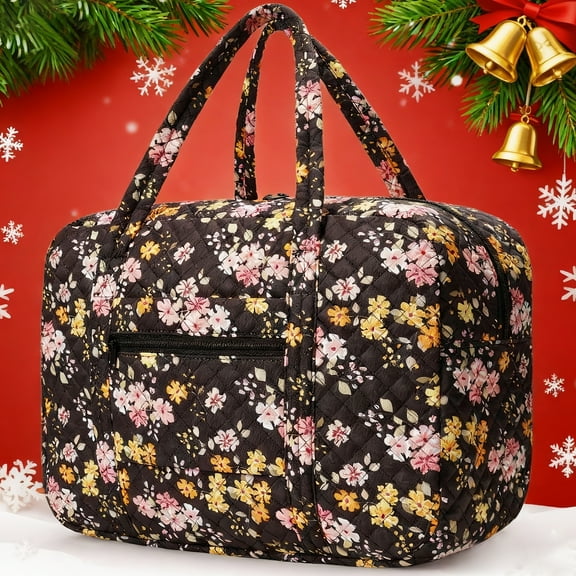 Floral Quilted Travel Duffel Bags for Christmas Gift, Holiday Tote Bag for Women Trolley Sleeve Airlines Approved Personal Item Bag Weekender, Black