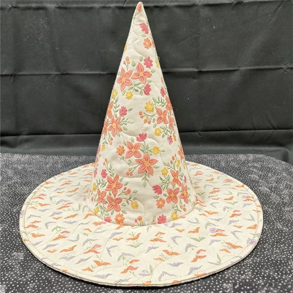 Floral Print Quilted Witch Hat, Wide Brim Pointed Wizard Hat, Cottagecore Boho Halloween Costume Accessory for Women, Photography Party Dress Up Hat