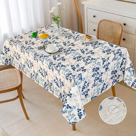 Floral Print Rectangle Tablecloth Waterproof Rectangular Table Cloth Linen Farmhouse Tablecloth for Kitchen Dining Spring Leaves Tablecloth for 4 Feet Table,60 x 84 Inches, Blue