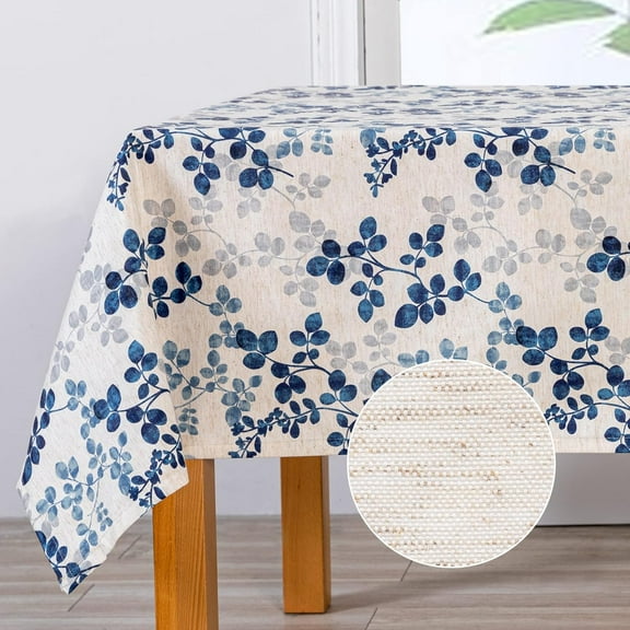 Floral Print Rectangle Tablecloth Waterproof Rectangular Table Cloth Linen Farmhouse Tablecloth for Kitchen Dining Spring Leaves Tablecloth for 8 Feet Table，60 x 120 Inches, Blue