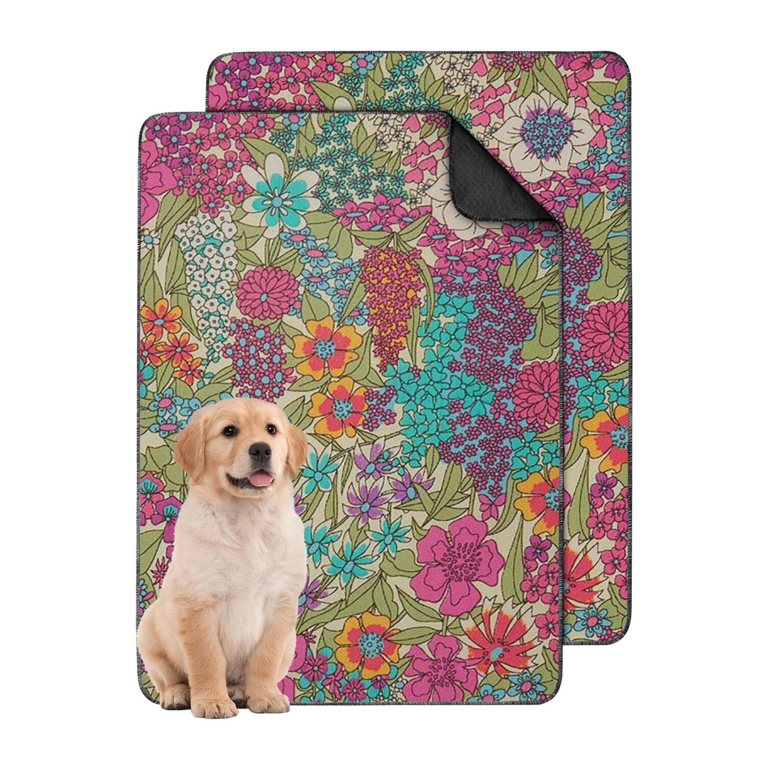 Floral Print Reusable Pet Pads 2-Set, Medium 24x35 Inch Washable Puppy Training Mats, Highly Absorbent Dog Floor Mat for Indoor Protection