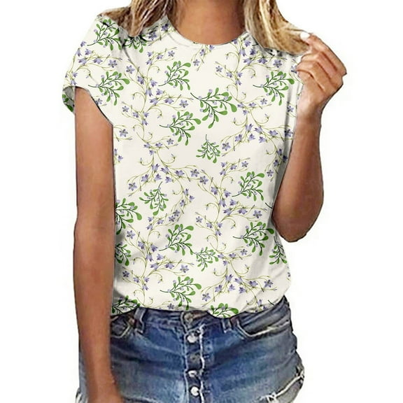 Floral Print Round Neck Short Sleeve T Shirt For Women Spring Summer Casual Top Womens Active Short Sleeve Top Casual Womens Tops Short Sleeve Long Sleeve Rayon Tops for Women Womens Tops Short Sleeve