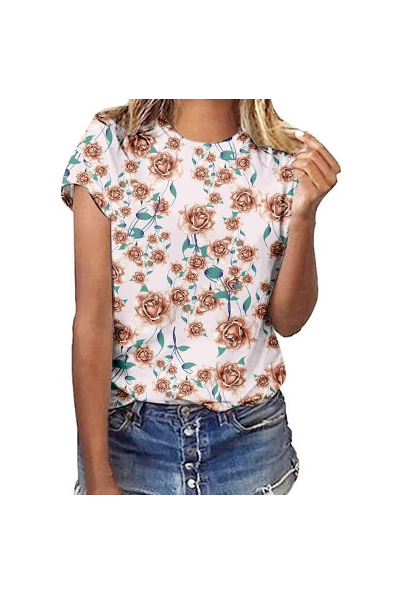 Floral Print Round Neck Short Sleeve T Shirt For Women Spring Summer Casual Top Womens Short Sleeve Shirts Long Sleeve Rayon Tops for Women Tech Pack Plain Long Sleeve T Shirt Women in A Pack Summer T
