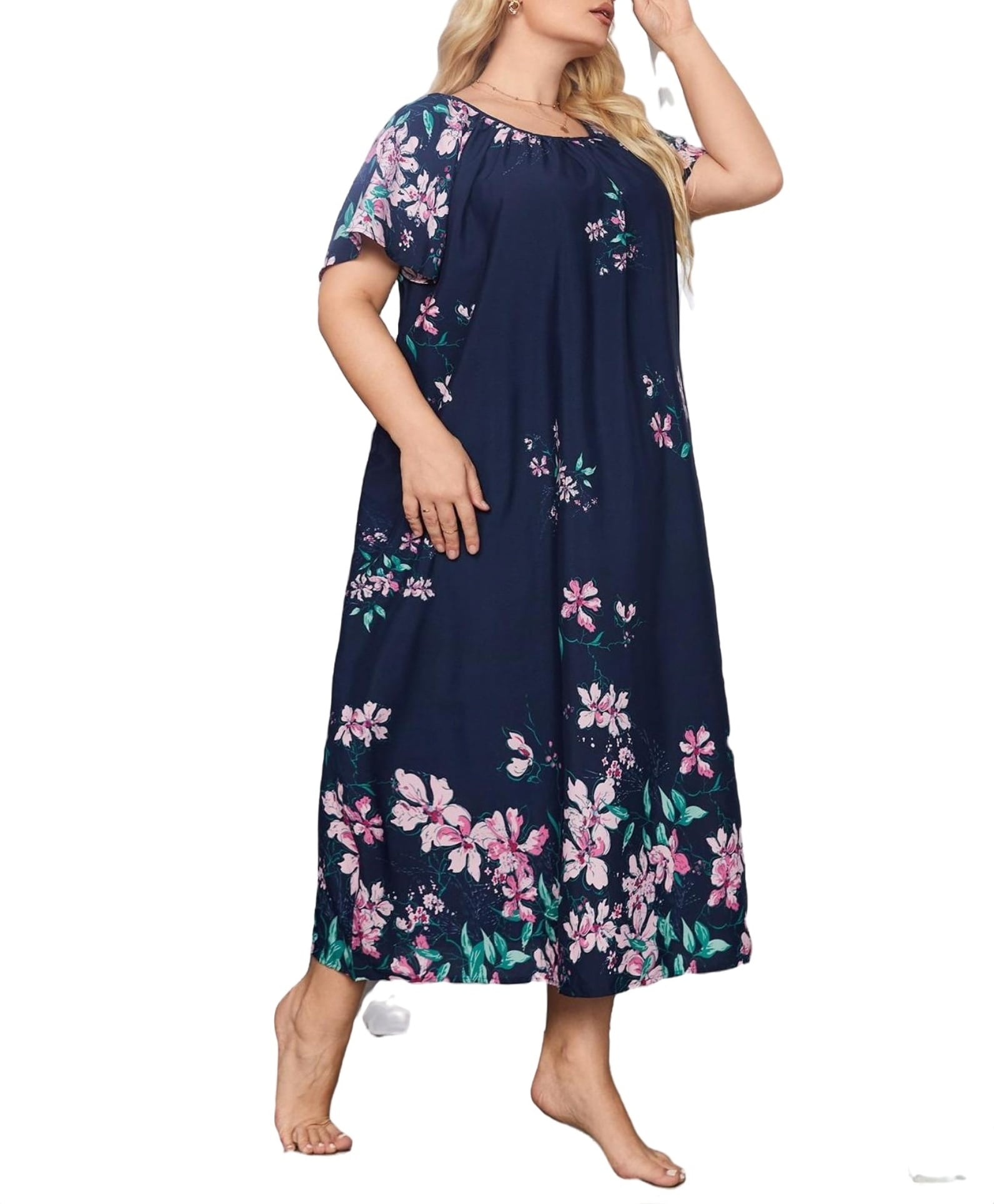 Floral Print Round Neck Sleepshirts Short Sleeve Navy Blue Plus Size ...