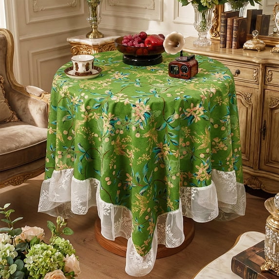 Floral Print Round Tablecloth with Lace Trim, French Vintage Style Table Cover, Polyester Fabric