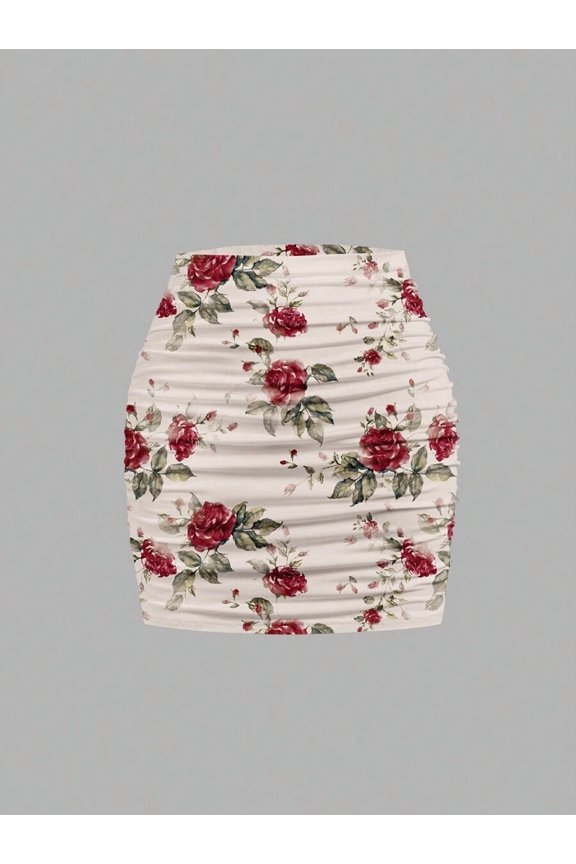 Floral Print Ruched Mini Skirt Multicolor-2 With Elastic Waist