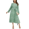 thumbnail image 1 of Floral Print Ruffle Front Pleated Dress for Women Mid-Calf Length Green Large, 1 of 4