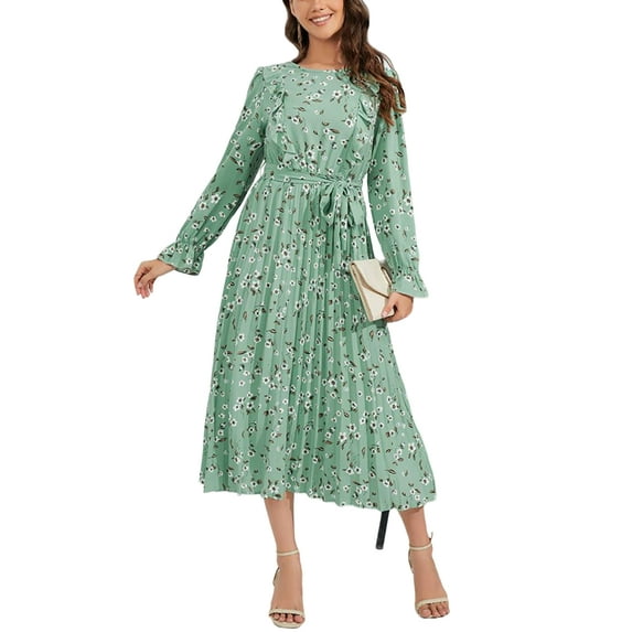 Floral Print Ruffle Front Pleated Dress for Women Mid-Calf Length Green Large