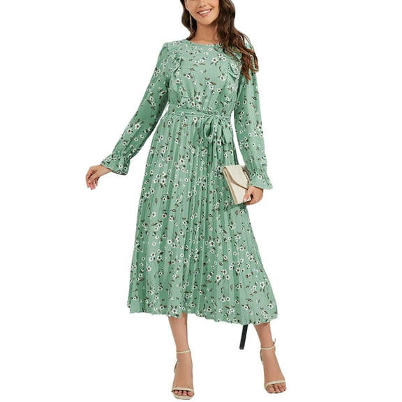 Floral Print Ruffle Front Pleated Dress for Women Mid-Calf Length Green Small