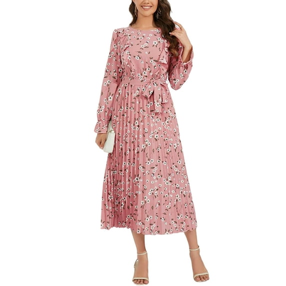 Floral Print Ruffle Front Pleated Dress for Women Mid-Calf Length Pink X-Large