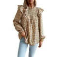 thumbnail image 1 of Floral Print Ruffle Shirred Neck Long Sleeve Blouse for Women Beige Small, 1 of 5