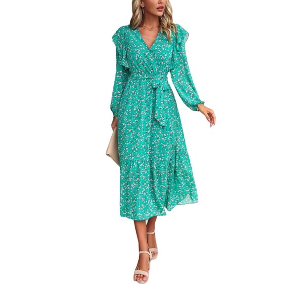 Floral Print Ruffle Shoulder Long Sleeve Midi Dress for Women Green Small