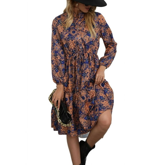 Floral Print Ruffle Tiered Collared Dress for Women Knee Length Brown Large