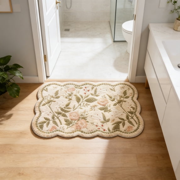Floral Print Scalloped Floor Mat 23.6x15.7In, Soft Absorbent Non Slip Door Rug, Washable Decorative Carpet for Entryway Kitchen Bathroom Bedroom Indoor Home Decoration