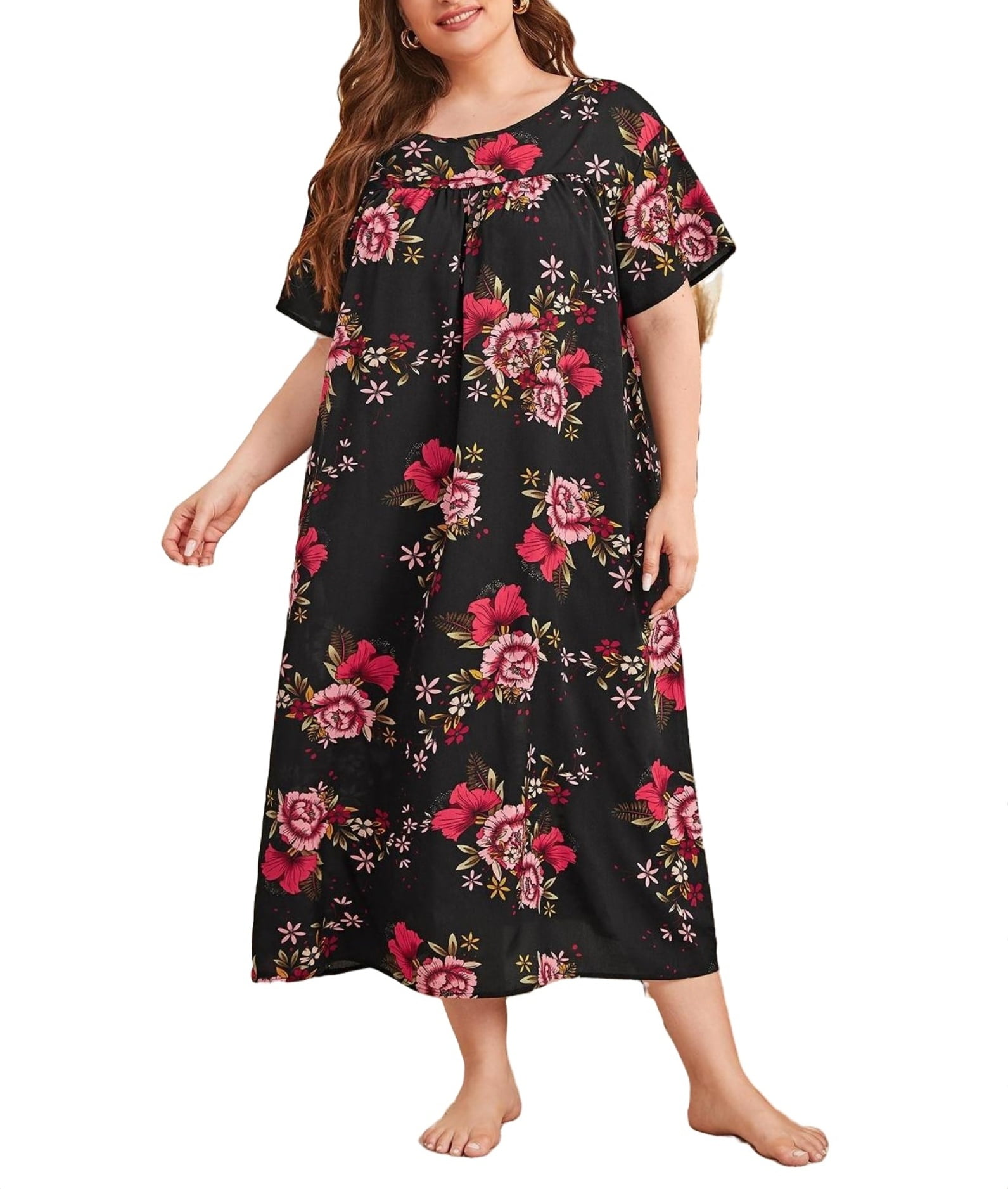 Floral Print Scoop Neck Nightgowns Short Sleeve Black Plus Size