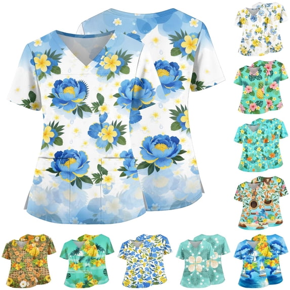 Floral Print Scrub Top for Women, V-Neck Short Sleeve Medical Shirt with Pockets & Side Slits - Soft Stretchy Nurse Tunic White XXL