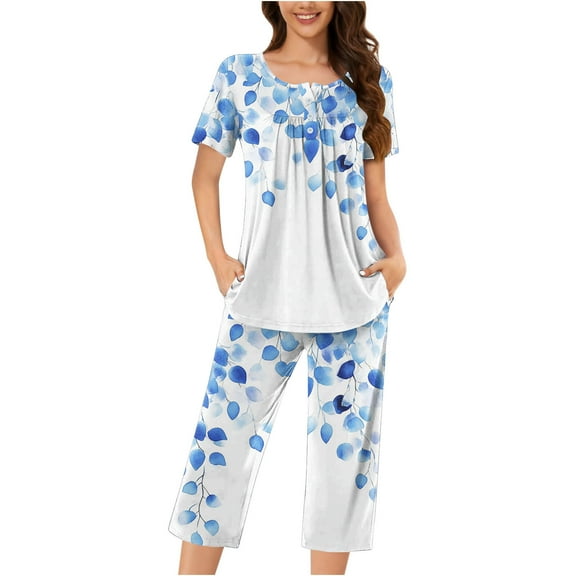 Floral Print Sets for Women Short Sleeve Lounge Sets Front Pleated Shirt and Plus Size Capris Women Pj Sale