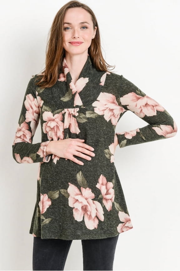 Floral Print Shawl Collar Maternity Knit Tunic