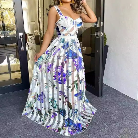 Floral Print Sheer Mesh Maxi Dress