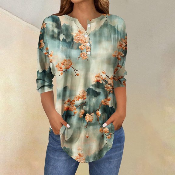 Floral Print Shirts Tops for Womens Henley Neck Tee Button Down Tunic Blouses 3/4 Sleeve Tunic Blouses Relaxed Fit Sweatshirt Spring Clothes 2025 Pullover Fall Winter Outfits