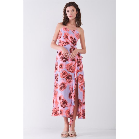 Floral Print Sleeveless Self-tie Wide Wrap Front Ruffle Hem Side Slit Detail Midi Dress L