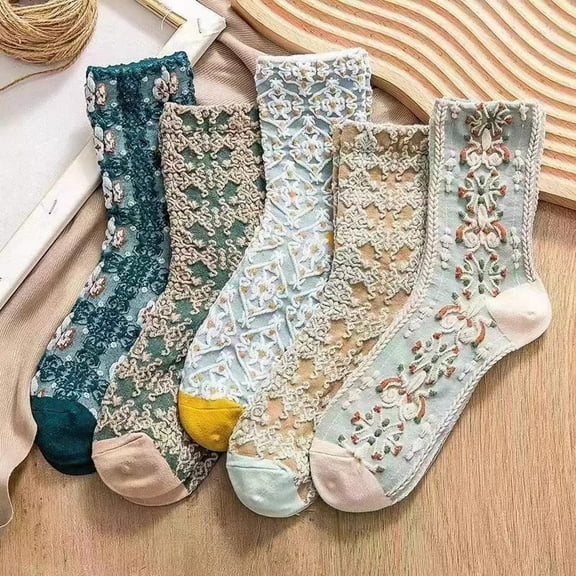 Floral Print Socks for Women and Girls Vintage Ruffle Design Cotton Fashion Socks