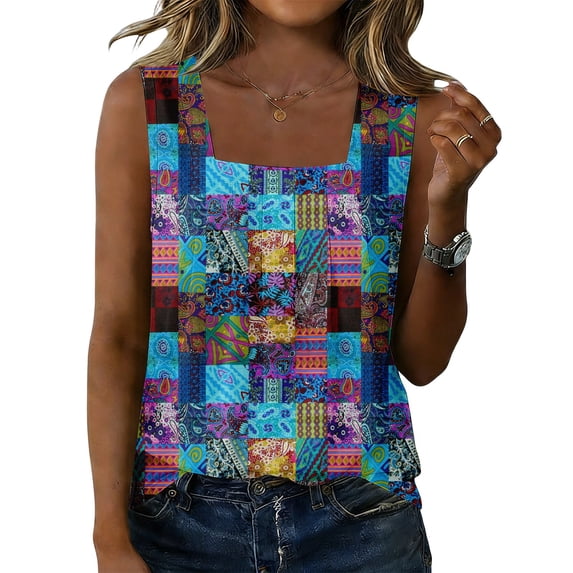Floral Print Square Neck Sleeveless Tank Top for Women - Casual Summer Blouse Light Blue S