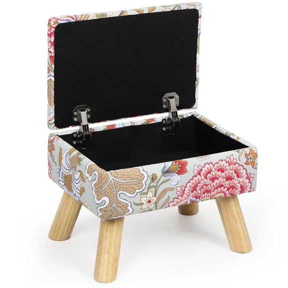 Floral Print Square Storage Ottoman Stool - Multifunctional Padded Footrest with Hidden Storage, Solid Wood Legs, Decorative for Living Room/Bedroom, Easy Assembly (14.5"10.6"11.4")