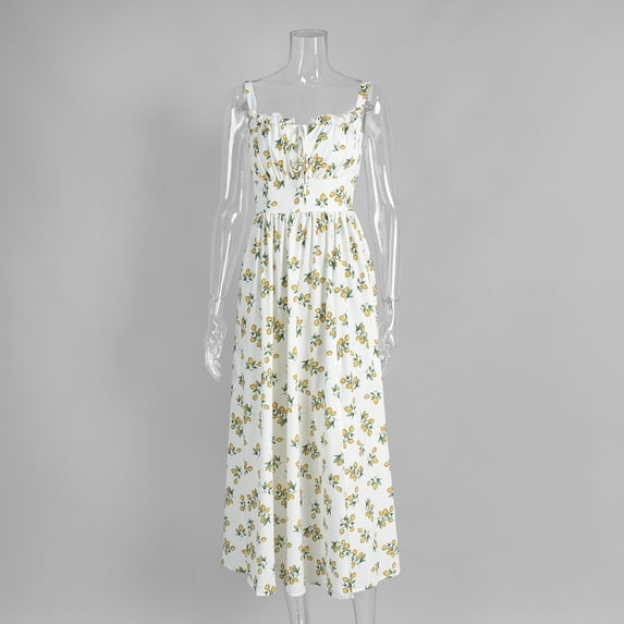 Floral Print Strap Dress Summer Low-Neck Tie-Waist High-Waisted Slit Dress
