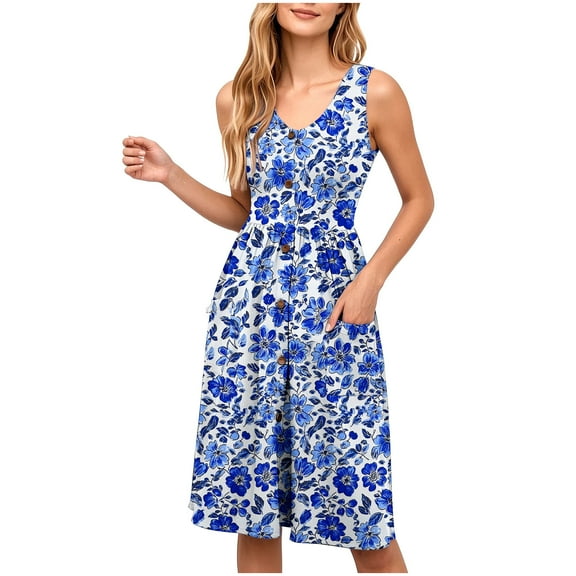 Floral Print Summer Dress for Womens，U Neck Short Sleeve Sundress Ruffle Pleated Hem Dresses A-Line Midi Dress Ultra Soft Textured Sundresses Dressy Causal Sun-Dress Beach Holiday Outfits