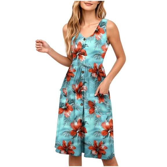 Floral Print Summer Dress for Womens，U Neck Short Sleeve Sundress Ruffle Pleated Hem Dresses A-Line Midi Dress Ultra Soft Textured Sundresses Dressy Causal Sun-Dress Beach Holiday Outfits