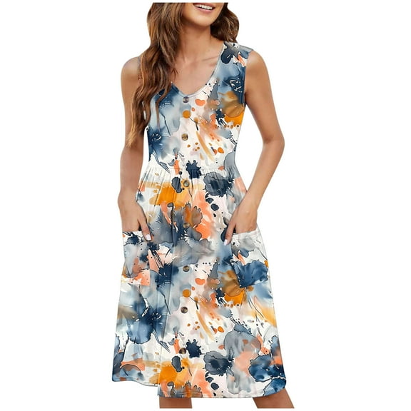 Floral Print Summer Dress for Womens，U Neck Short Sleeve Sundress Ruffle Pleated Hem Dresses A-Line Midi Dress Ultra Soft Textured Sundresses Dressy Causal Sun-Dress Beach Holiday Outfits