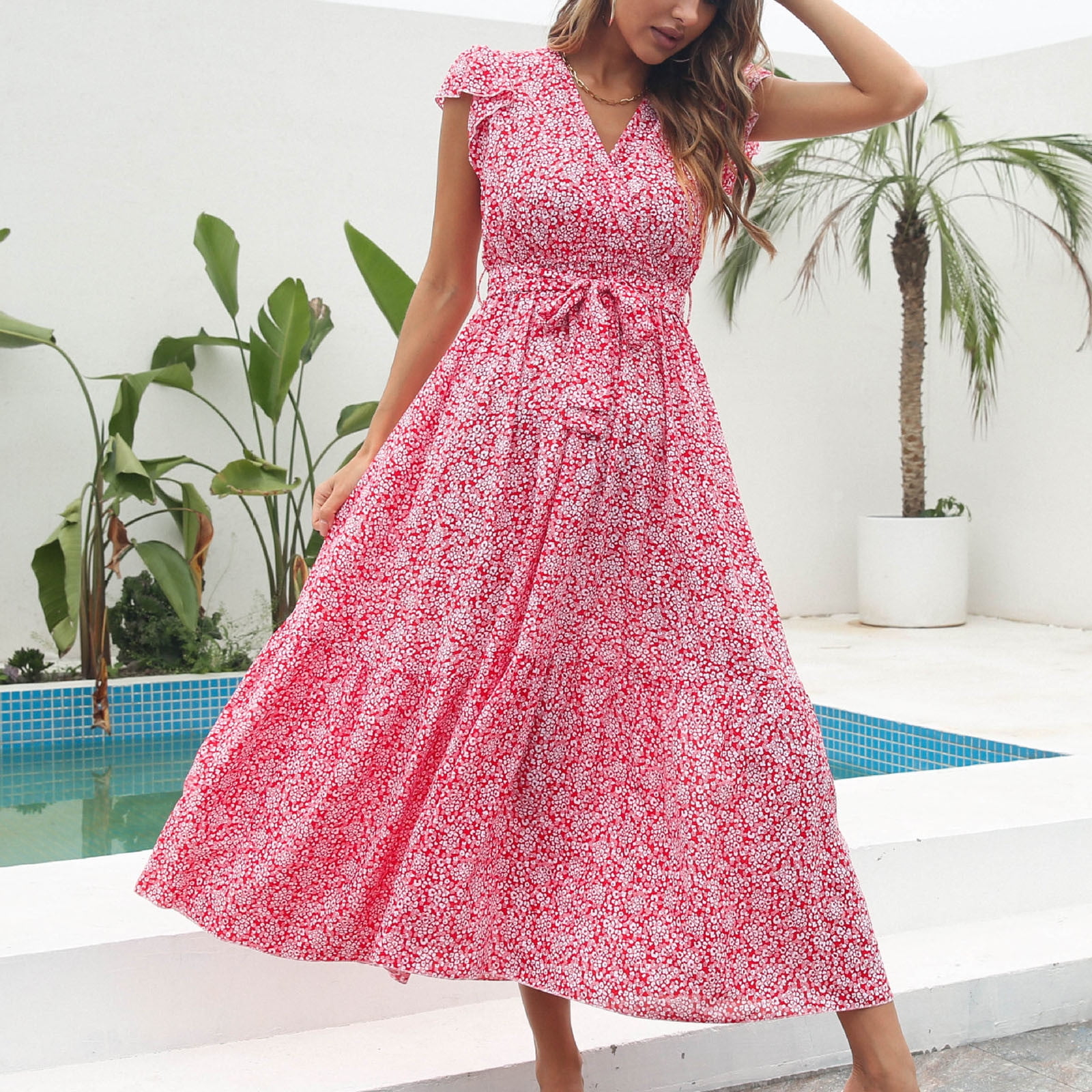 Jaime Abstract Floral Print Elasticated Off Shoulder Vacation Loose Maxi Dress