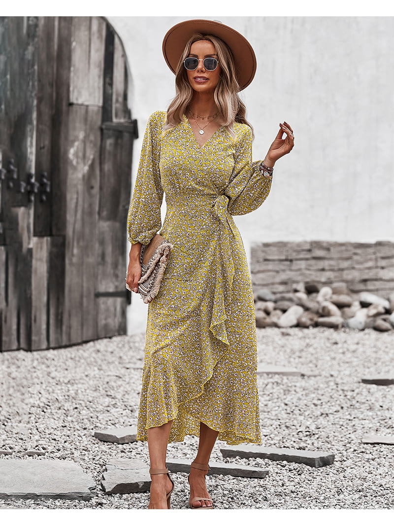 Floral Print Surplice Neck Bishop Sleeve Wrap Style Midi Dress - Walmart.com