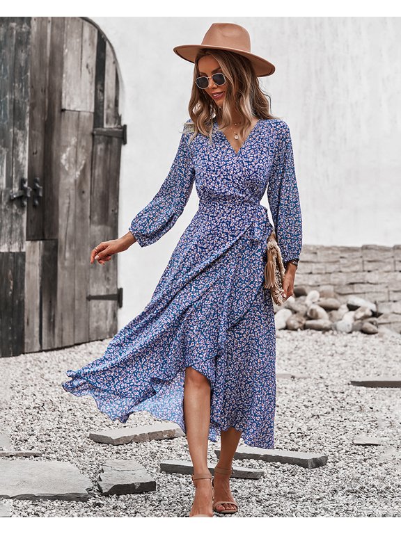 Floral Print Surplice Neck Bishop Sleeve Wrap Style Midi Dress