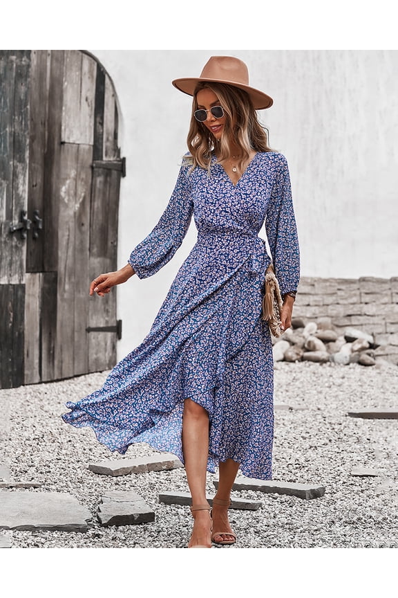 Floral Print Surplice Neck Bishop Sleeve Wrap Style Midi Dress