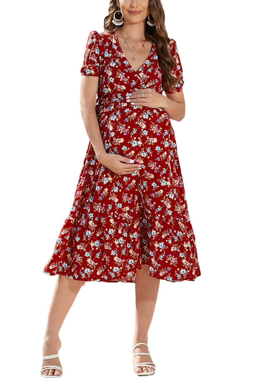 Floral Print Surplice Neck Puff Sleeve Dress Below Knee Length Red ...
