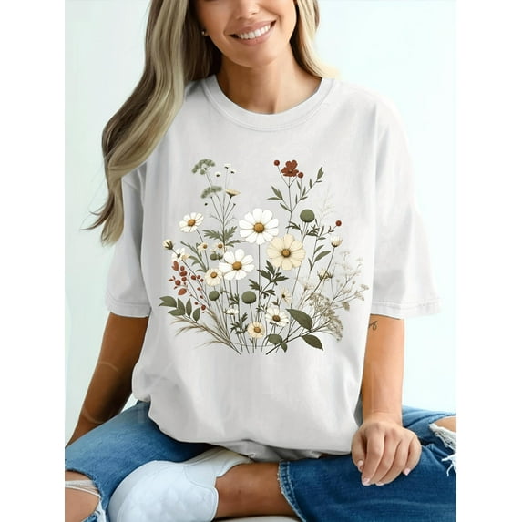 Floral Print T-Shirt, Casual Crew Neck Short Sleeve T-Shirt, Women's Clothing Tee For Adult, Men, Women, Teen, Teenager, Adolescent, Youth, Casual Sporty Tee