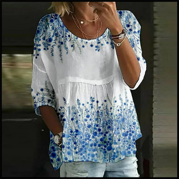 Floral Print T Shirt Half Sleeved Round Neck 3/4 Sleeved Loose T Shirt, Blue 5XL, Size S-XXXXXL