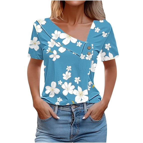 Floral Print T-shirts for Women Buttons V Neck Dressy Casual Tops Short Sleeve Soft Polyester Tee Shirt Summer (X-Large, Blue 01)