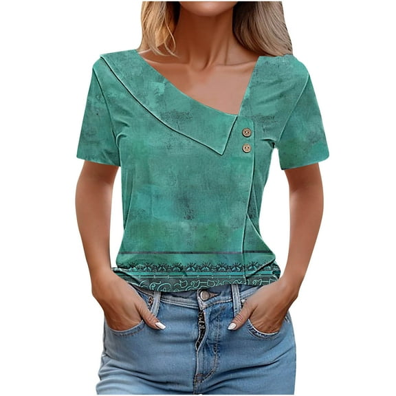 Floral Print T-shirts for Women Buttons V Neck Dressy Casual Tops Short Sleeve Soft Polyester Tee Shirt Summer (X-Large, Green 01)