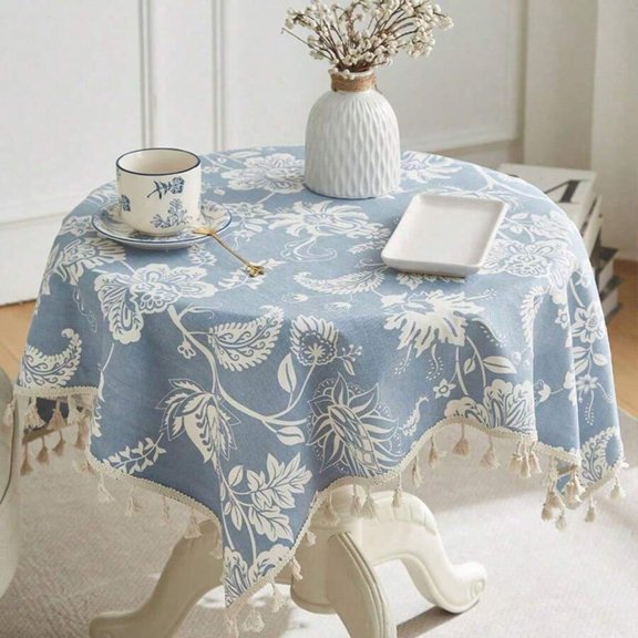 Floral Print Tablecloth With Tassels, Blue Background And White Pattern, Indoor Use, Machine Washable