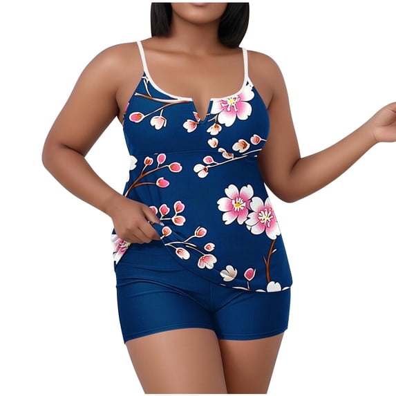 Floral Print Tankini Swimsuits for Women Plus Size 2 Piece Tummy Control Bathing Suits Oversize Modest Swimwear Loose Fit Swimwear with Boyshorts 2 Pcs Spring Summer Holiday Beach Bathing Suits
