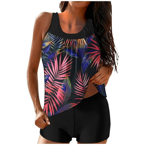 Floral Print Tankini Swimsuits for Women Modest Tummy Coverage Bathing Suits with Shorts 2 Piece Sporty Swimwear