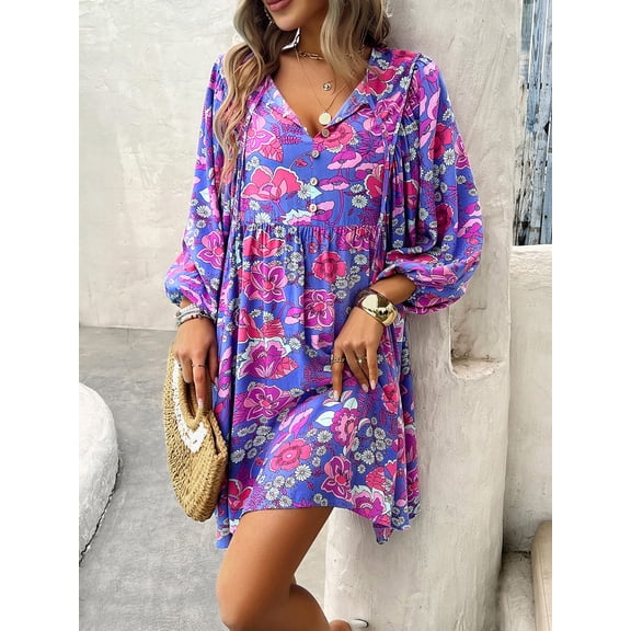 Floral Print Tie-Up Neck Pleated Dress (XL, MultiPurple)